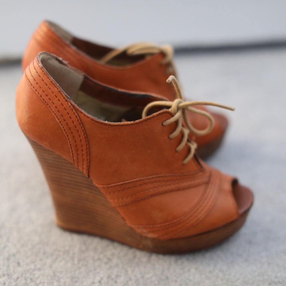 Anthropologie Tan Orange Suede Lace-Up Peep-Toe Wedges